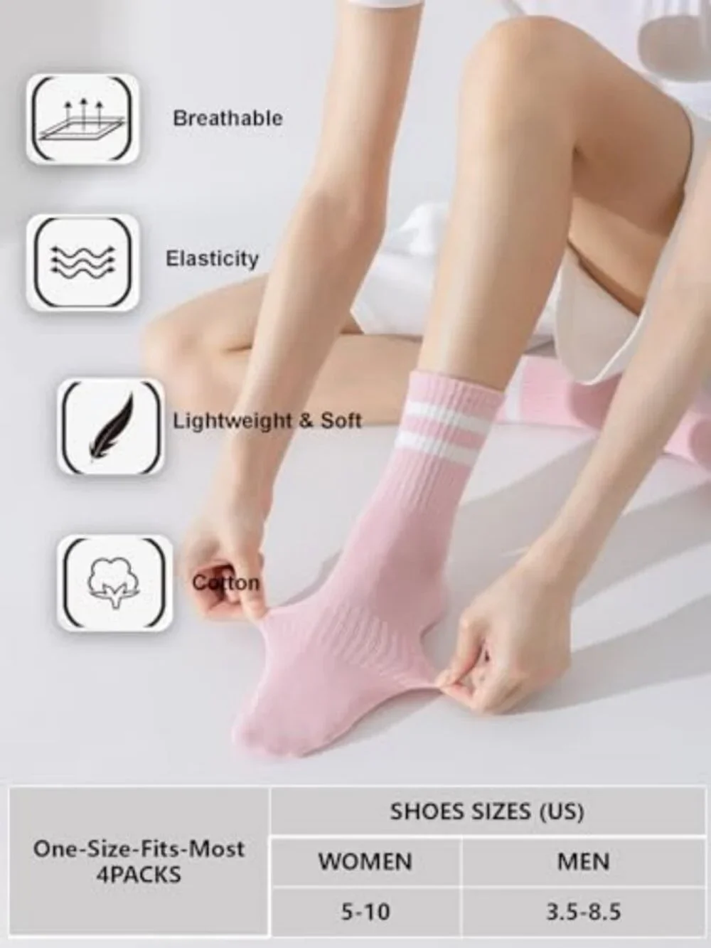 Cozy Cotton Striped Crew Socks for Women, 4 Pairs, Fits Sizes 5-10, Soft